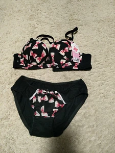 Underwire Push-Up Bra & Panty Set - Black Red Bows - Size 32B - Picture 1 of 5