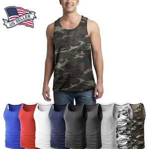 Mens TANK TOP Heavy A-Shirt Camo Cotton Basic Muscle Gym Workout Sleeveless Tee - Picture 1 of 32