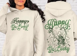 Happy Go Lucky, St Patricks Day Sweatshirt, Irish Hoodie, Lucky Clover Crewneck - Picture 1 of 10