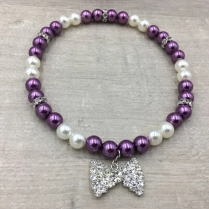 Handmade Dog Cat Puppy Kitten Pet Elastic White Purple Pearl Necklace Collar tag - Picture 1 of 3