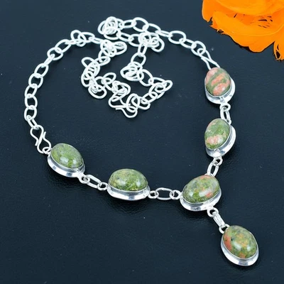Collana In Argento Sterling 925 Fatta A Mano In Gemma Unakite 18" - Immagine 1 di 4