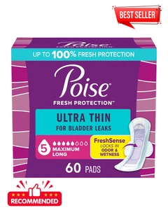 Poise Ultra Thin Incontinence Pads with Wings 5 Drop Maximum Absorbency 60 Count - Picture 1 of 7