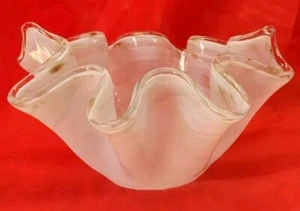 Glass Handblown Handkerchief Bowl white w gold flecks clear rim - Picture 1 of 21