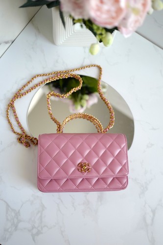 Borsa Chanel O Mini nuova con scatola manico superiore rosa con logo impreziosito da cristalli oro HW