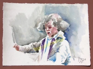 Music Conductor model 1994 vintage Watercolor Aquarel impressionist art painting - Picture 1 of 3
