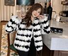 Womens Fashion Winter Round Collar Long Sleeve Loose Stripe Faux Fox Fur Coats H