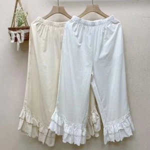 Women Cotton Lace Bloomers Wide Leg Pants Culottes Ruffle Capri Palazzo Trousers - Picture 1 of 14
