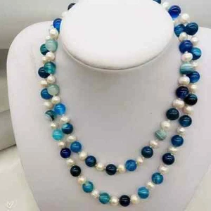 Natural 7-8mm White Pearl 8mm Blue Striped Agate Gemstones Necklace 36'' - Picture 1 of 4