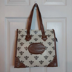 Vintage White Brown Fleur De Lis Faux Leather Shoulder Bag Preppy Equestrian - Picture 1 of 12