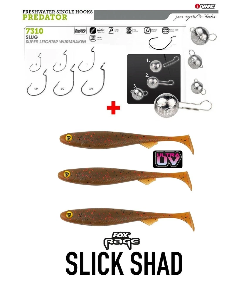 Schnellwechsel Köderset Fox Rage Slick Shad ULTRA UV + VMC 7310 + Cheburashka #1 - Bild 1 von 1