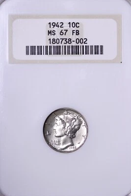GEM++ BU 1942 Mercury Dime NGC MS67 FB Full Split Bands Old Fat Holder KCPQ - Image 1 of 4