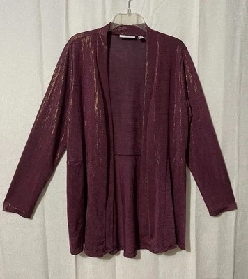 Cárdigan abierto Susan Graver Holiday ciruela dorado lámina brillante bolsillos L/S talla L Foto 1 de 4