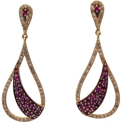 14k Rose Gold Round Ruby and Diamond Drop Dangle Earrings 1.10CT - Image 1 of 4