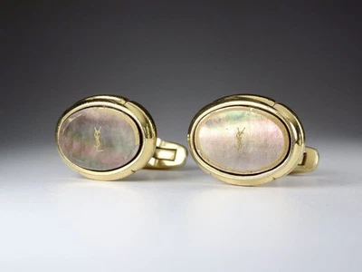 Yves Saint Laurent YSL Cufflinks White Pearl Shell Gold Aurora Logo Mens Jewelry - Image 1 of 4