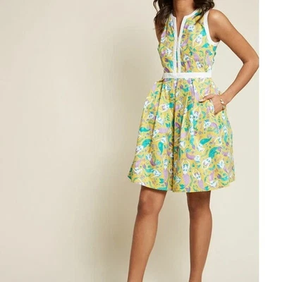 ModCloth Yellow Purple Mermaid Print Sleeveless Dress Side Zip Women's Size S - Image 1 of 4