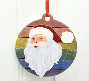 Santa on Rainbow & Silver LGBTQ+ Hand Painted Tree Ornament Round 3.5" Glossy - Picture 1 of 4