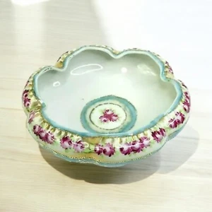 Vintage Scalloped Edge Footed Bowl Floral Flowers Hand Painted Pink Blue Roses - Picture 1 of 12