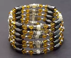 "Pulsera para mujer 4-5 mm blanca perla naranja cristal negro hematita magnética 36""" - Imagen 1 de 10