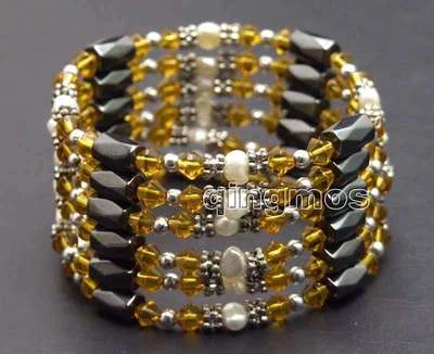Pulsera de perlas blancas para mujer de 4-5 mm con cristal naranja negra hematita magnética 36"" Foto 1 de 4