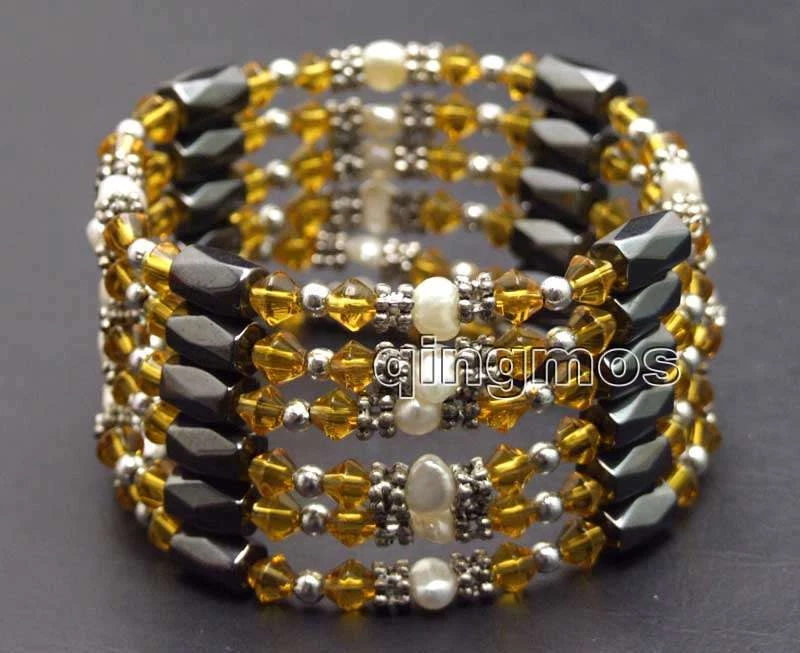 4-5mm White Pearl Bracelet for Women Orange Crystal Black Hematite Magnetic 36'' - Image 1 of 4