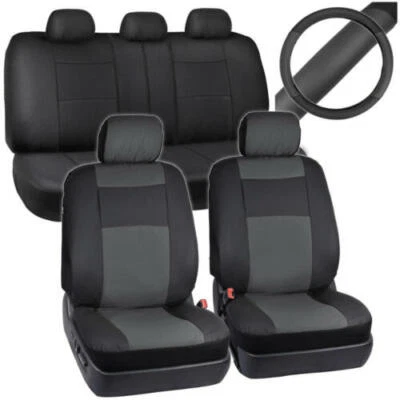 Charcoal/Black Leather Seat Covers Set & Steering Wheel Cover Auto Car - Image 1 of 4