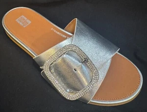 FITFLOP GRACIE CRYSTAL MAXI BUCKLE LEATHER SLIDES SANDALS METALLIC SILVER SIZE 9 - Picture 1 of 13