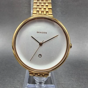 Skagen Gitte Watch Women 39mm White Dial Gold Tone Date Round New Battery - Picture 1 of 11