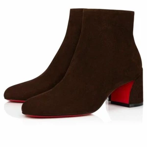 Christian Louboutin Turela 55 Arabica Brown Suede Ankle Short Heel Boot 37.5 - Picture 1 of 12