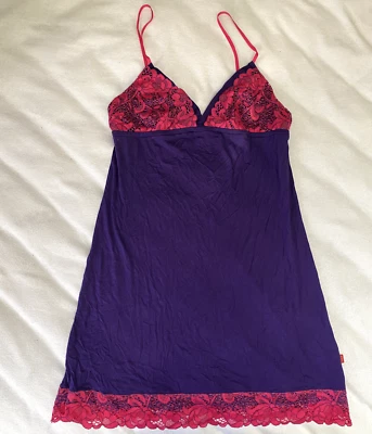 Josie by Natori Nightgown Purple Soft Fabric and Pink Floral Lace Small - Image 1 of 4
