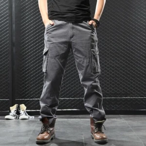 Men's Cargo Pocket Pants Straight Trousers Outdoor Military 100% Cotton Loose - Picture 1 of 15