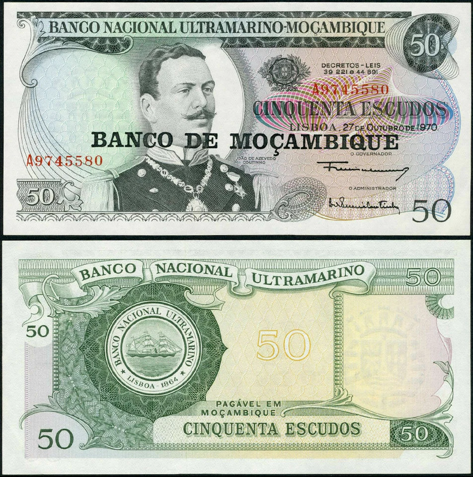 MOZAMBIQUE 50 ESCUDOS 1970 UNC PREFIX A,OVERPRINT NEW BANK NAME,JOAO DE AZEVEDO - Image 1 of 1