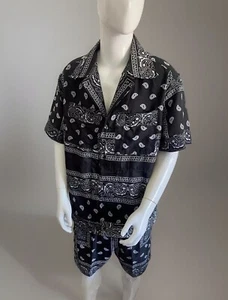 JD Fashion Herren maßgeschneidert schwarz quadratisch Bandana Kurzarm Hemd & Short Set - Bild 1 von 5