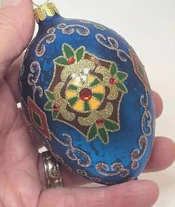 Joan Rivers Fabrege Inspired Glass Egg Ornament 2011 Blue Arabesque Design - Picture 1 of 11