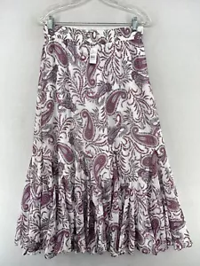LOFT Skirt S Paisley Godet Midi Crinkle Gauze Flutter Hem Boho Lined White NEW - Picture 1 of 15