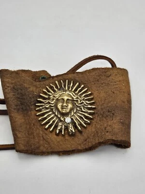 Ремесленник латуни солнца лицо широкий коричневый кожаный надежном браслет - Изображение 1 из 4