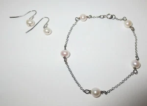 Sterling Silver Pearl Bracelet Earring Set Dainty Freshwater Dangle Station 7.5" - Picture 1 of 9