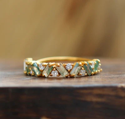 Anillo solitario enchapado en oro de ágata musgo natural hecho a mano anillo para mujer regalola Foto 1 de 4