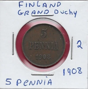 FINNLAND GROSSHERZOGTUM 5 PFENNIG 1908 VZ NIKOLAUS II, GEKRÖNTES MONOGRAMM, STÜCKELUNG A - Bild 1 von 2