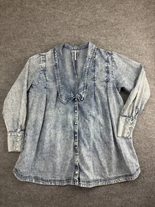 Free People Charlie Button Down Denim Shirt/Dress Women's M Blue Pearl Snap - Picture 1 of 6