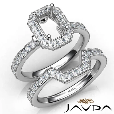 Halo Pave Setting Emerald Bridal Set Semi Mount Diamond Engagement Ring Gold1Ctw - Image 1 of 4