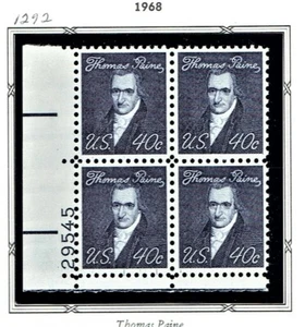 1966- U.S. PROMINENT AMERICANS 40c Thomas Paine Plt#Blk Sc#1292 M/NH/OG Scarce^ - Picture 1 of 1