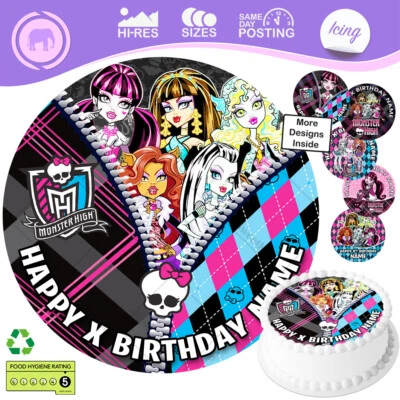 SWEETJUMBO Monster High Cake Topper Personalised Decoration Round Circle Edible Icing