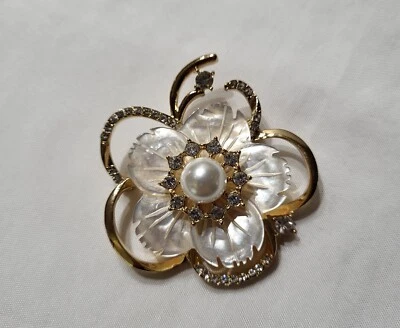 Anne Klein Flower Mother of Pearl, Rhinestones & Faux Pearl Brooch Pin Gold Tone - Image 1 of 4