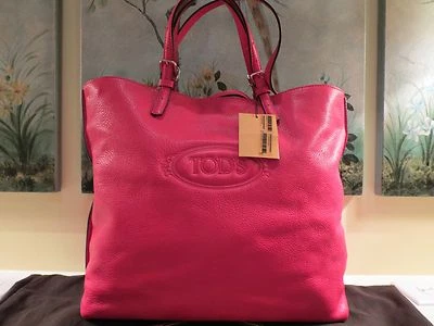 全新带标签 正品 TOD'S 特大亮粉色皮革手提包 托特包 MSRP $1165.00 — 第 1/4 张图片