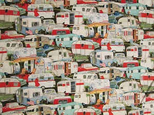 RETRO VINTAGE PACKED TRAILER RETRO CAMPERS TRAILERS COTTON FABRIC BTHY - Picture 1 of 5