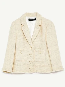 Zara XS UK 6 8 Creme Ecru Struktur Tweed Blazer Sakko mit Perlenknöpfen - Bild 1 von 13