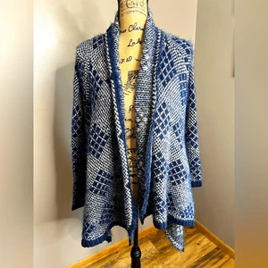 BCBGMAXAZRIA blue waterfall geometric open cardigan boho cozy soft medium office - Picture 1 of 7