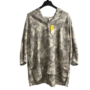 C&C California Top Womens 2X Linen Gray Camouflage Hoodie Tunic Lagenlook Beach - Picture 1 of 7