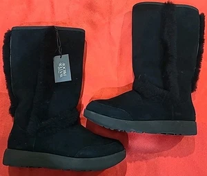 UGG Sundance Black Waterproof Suede Sheepskin Tall Boots Size us 7 Women's Pull  - Picture 1 of 22