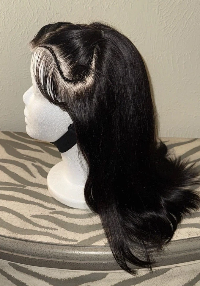 Hermosa peluca 100 % cabello humano, negro azabache, estilo recto con 2 trenzas en el frente Foto 1 de 4
